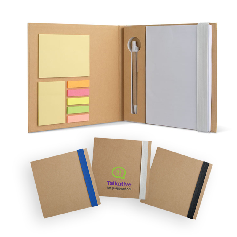 Recycled notebook with sticky notes